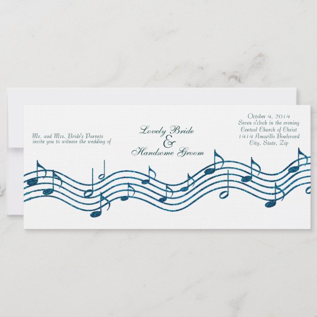 Teal Blue Glitter Music Long Wedding bjudande Inbjudningar (Framsida)