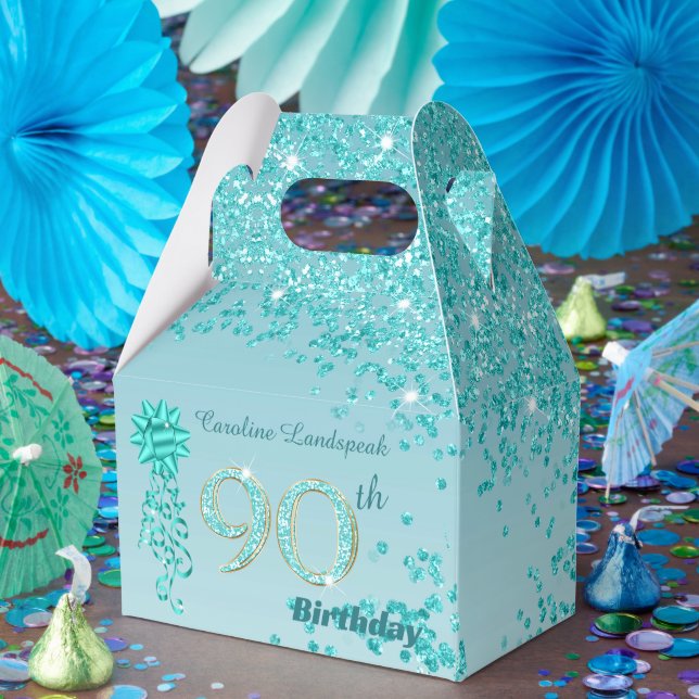 Teal Blue Glitter och Ribbon 90:e födelsedag Presentaskar (Part)