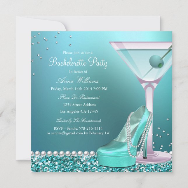 Teal Blue Glitter Pearl Bachelorette Party Inbjuda Inbjudningar (Framsida)