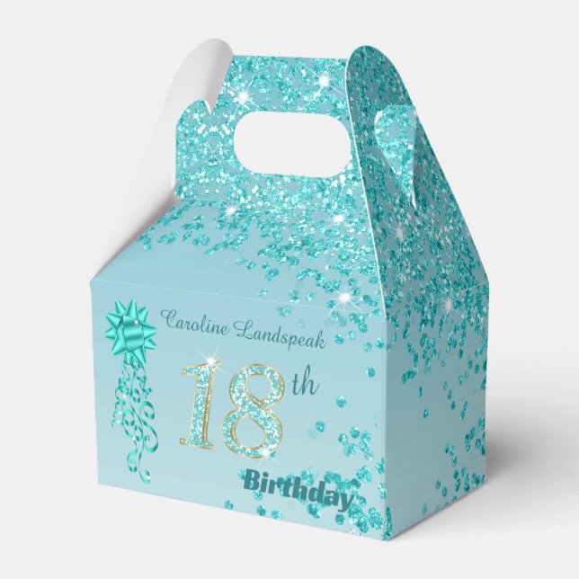 Teal Blue Glitter & Ribbon 18:e födelsedagen Presentaskar (Framsidan Sidan)