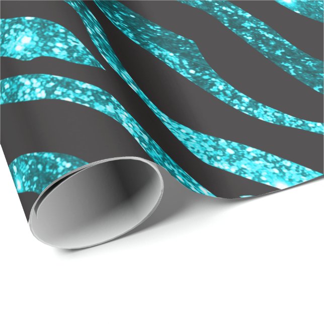 Teal Blue Glitter Zebra tryck Presentpapper (Rullad Hörn)