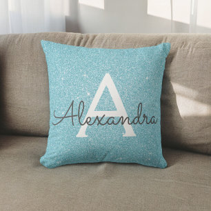 Teal Blue Gnistra Glitter Monogram Namn & Initial Kudde