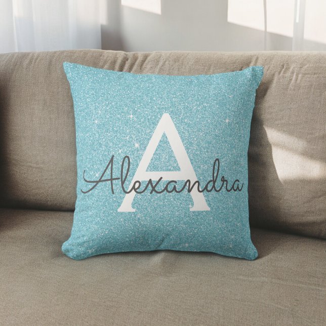 Teal Blue Gnistra Glitter Monogram Namn & Initial Kudde (Skapare uppladdad)