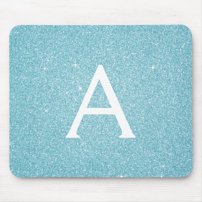 Teal Blue Gnistra Glitter Monogram Namn Mousepad Musmatta (Framsidan)