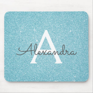 Teal Blue Gnistra Glitter Monogram Namn Mousepad Musmatta