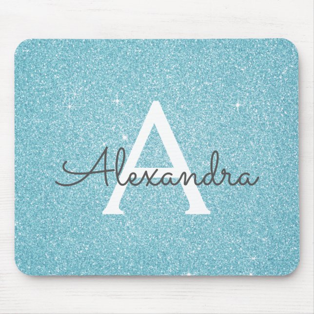 Teal Blue Gnistra Glitter Monogram Namn Mousepad Musmatta (Framsidan)