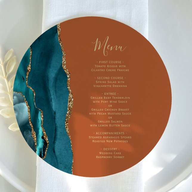Teal Blue Gold Agate Rust Round Plate Wedding Menu Meny (Skapare uppladdad)