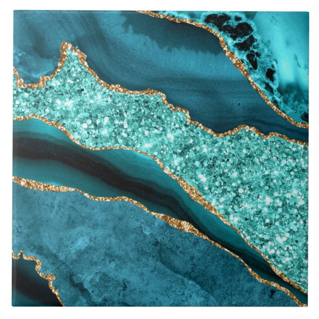 Teal Blue Gold Glitter Marble Ceramic Tile Kakelplatta (Framsidan)