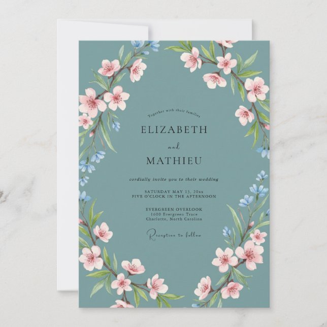 Teal Blue Graceful Blossom Wedding Inbjudningar (Framsida)