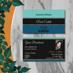 Teal Blue Gräns on Black med Logotyp och foto Visitkort