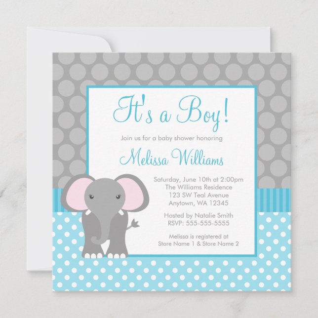 Teal Blue Grått Elephant Polka Dot Boy Baby Shower Inbjudningar (Framsida)