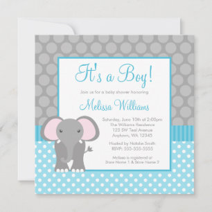 Teal Blue Grått Elephant Polka Dot Boy Baby Shower Inbjudningar