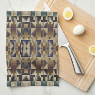 Teal Blue Grått Tan Taupe Brown Tribal Art Mönster Kökshandduk
