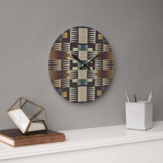 Teal Blue Grått Tan Taupe Brown Tribal Art Mönster Stor Klocka