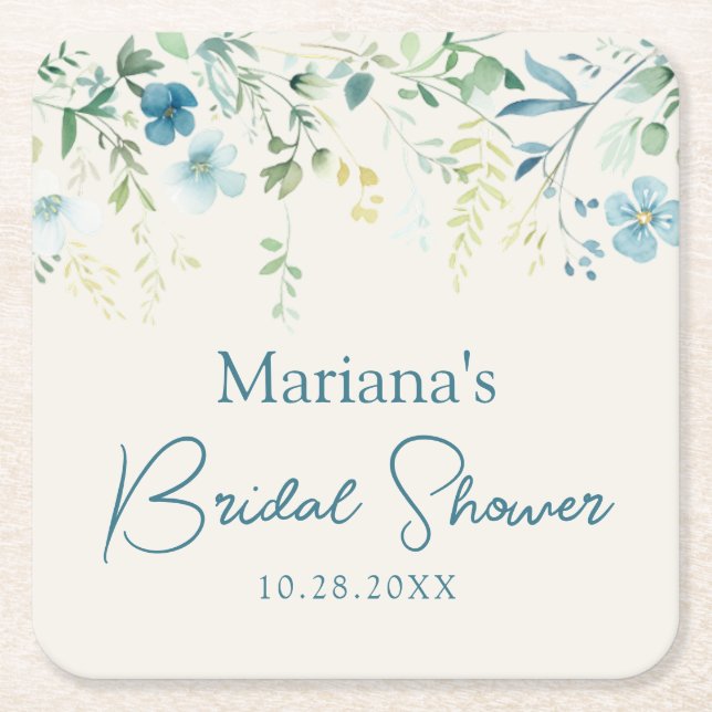 Teal Blue Green Ivory Floral Underlägg Papper Kvadrat (Framsidan)