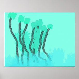 Teal Blue Grönt Beachside Träd Vatten Abstrakt Poster