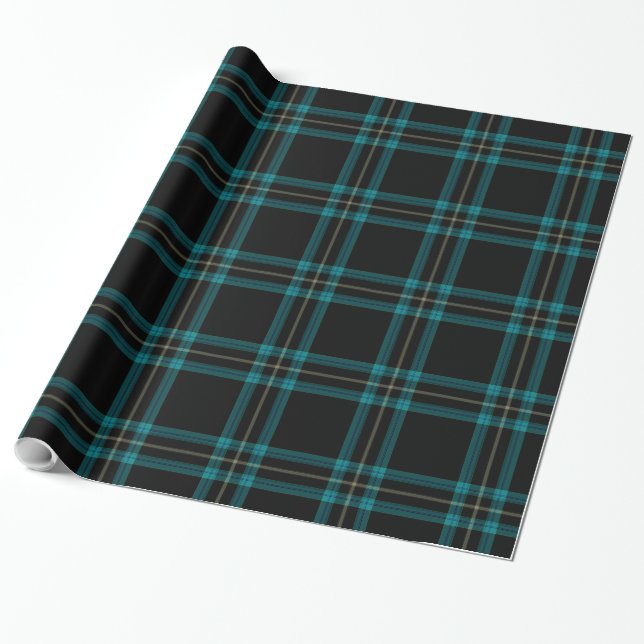 Teal Blue Grönt Black Tartan Play Presentpapper (Utrullad)