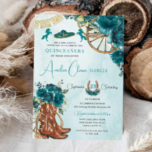 Teal Blue Grönt Blommigt Charro Western Quinceaner Inbjudningar