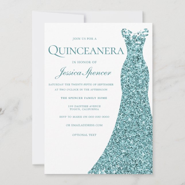 Teal Blue Grönt Glitter Dress Quinceanera Party Inbjudningar (Framsida)