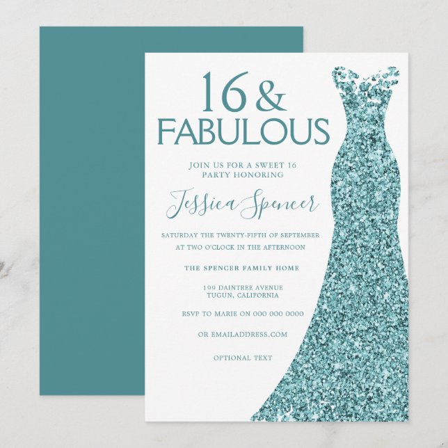 Teal Blue Grönt Glitter Dress Sweet 16 Party Inbjudningar (Fram/baksida)