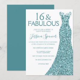 Teal Blue Grönt Glitter Dress Sweet 16 Party Inbjudningar