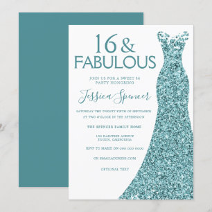 Teal Blue Grönt Glitter Dress Sweet 16 Party Inbjudningar