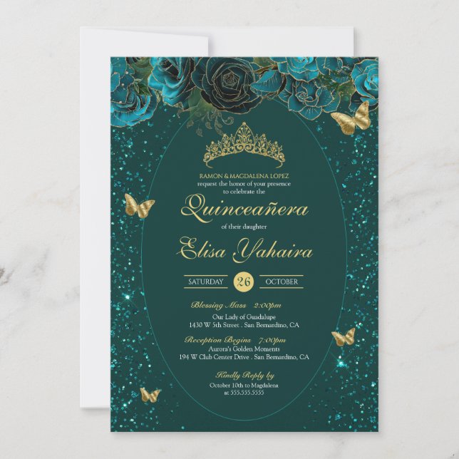 Teal Blue Grönt Guld Luxury Butterfly Quinceanera Inbjudningar (Framsida)