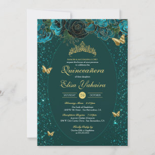 Teal Blue Grönt Guld Luxury Butterfly Quinceanera Inbjudningar