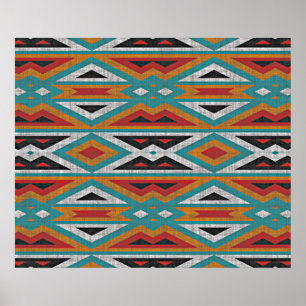 Teal Blue Grönt Red Terra Cotta Tribal Art Mönster Poster