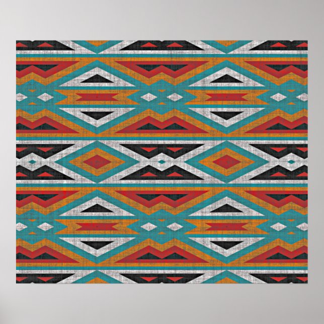 Teal Blue Grönt Red Terra Cotta Tribal Art Mönster Poster (Framsidan)