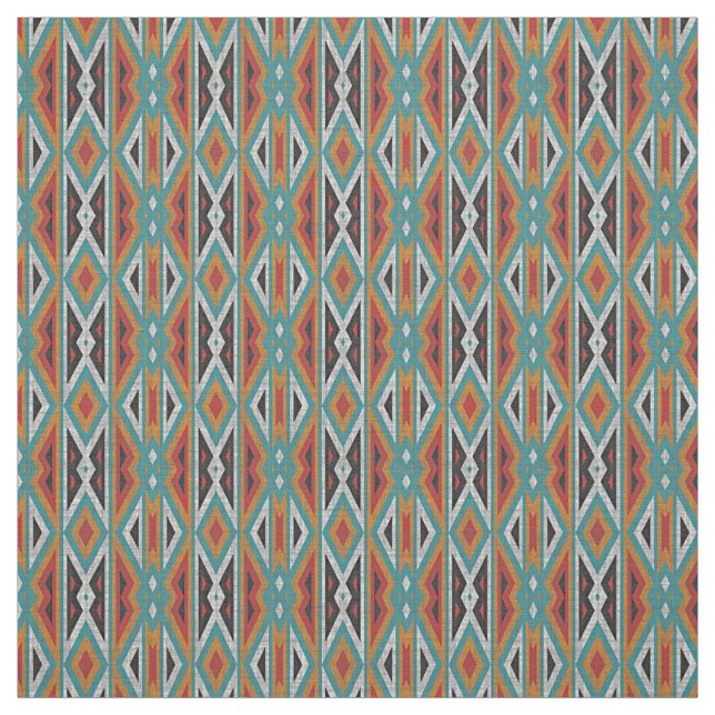 Teal Blue Grönt Red Terra Cotta Tribal Art Mönster Tyg (Provkarta)