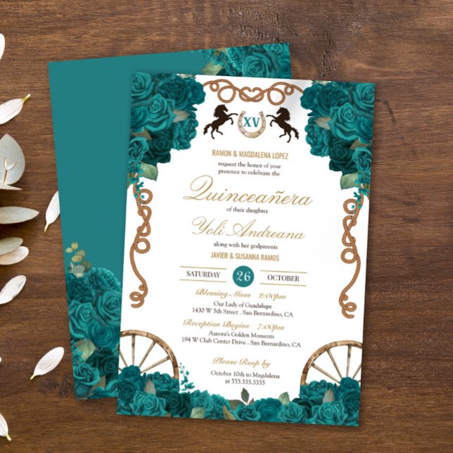 Teal Blue Grönt Ro Land Western Quinceanera Inbjudningar (Skapare uppladdad)