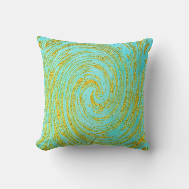 Teal Blue Grönt Swirl Abstrakt Guld Golden Glitter Kudde (Framsida)