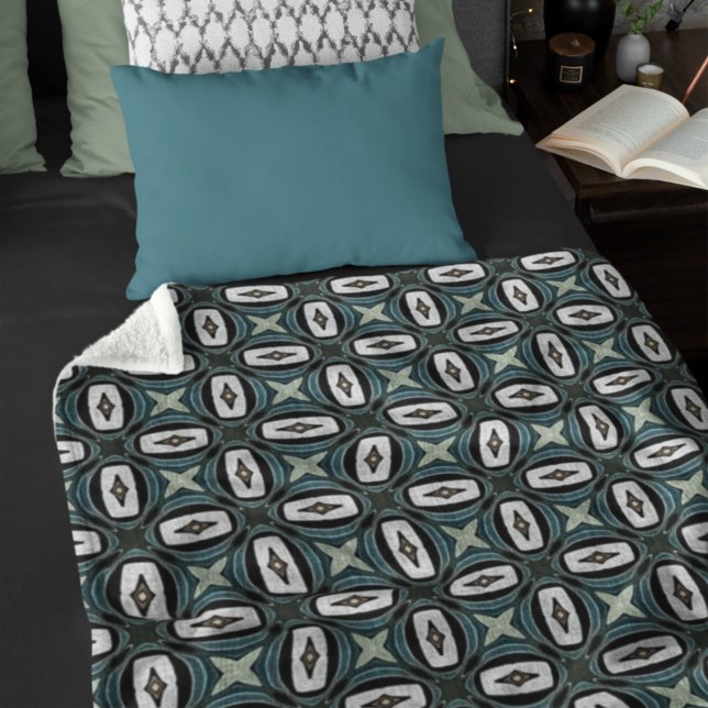 Teal Blue Grönt Taupe Brown Bohemian Tribe Art Fleecefilt (Skapare uppladdad)