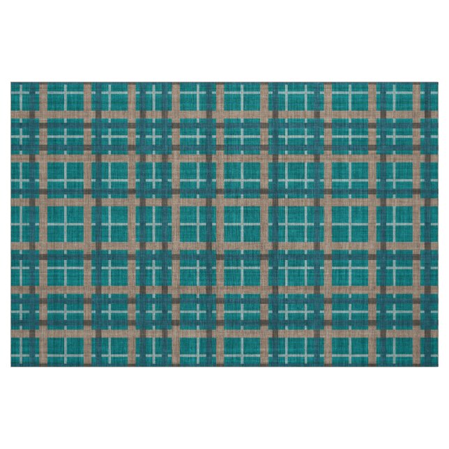 Teal Blue Grönt Taupe Brown Tartan Squares Mönster Tyg (Fat Quarter)