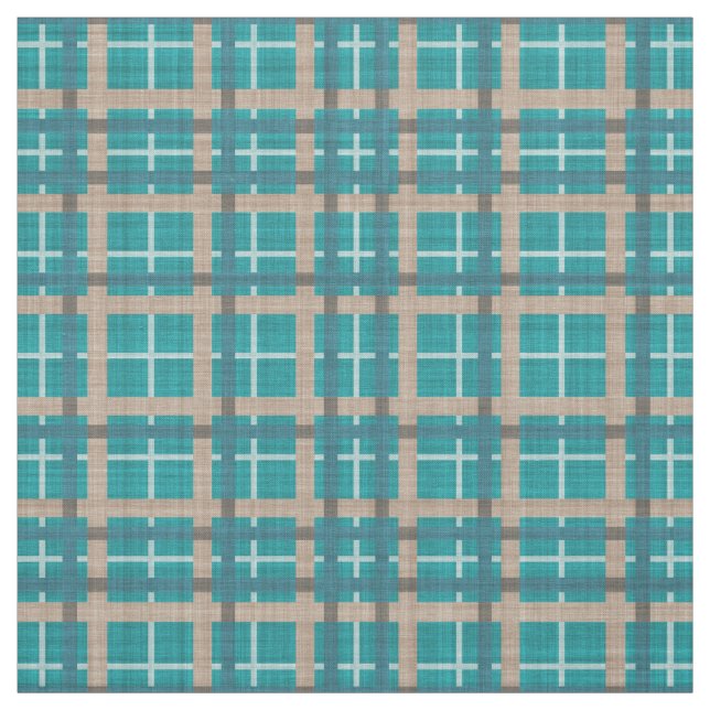 Teal Blue Grönt Taupe Brown Tartan Squares Mönster Tyg (Provkarta)