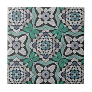 Teal Blue Grönt Turcos Blommigt Ethnic Tribe Art Kakelplatta