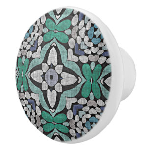Teal Blue Grönt Turcos Blommigt Ethnic Tribe Art Knopp