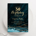 Teal Blue Guld Agate Marble 50 Birthday Inbjudningar<br><div class="desc">Teal blue och guld agate 50:e födelsedagsfest inbjudan. Elegantens moderna utformning med turkoshämmande vattenfärg agate marble geode-bakgrund,  faux glitter guld och typography-skript. Trendig inbjudan-kortets perfekt för en snyggt kvinnor i firande. Skrivna Zazzle-inbjudningar eller digital utskrivbar mall för omedelbar nedladdning.</div>
