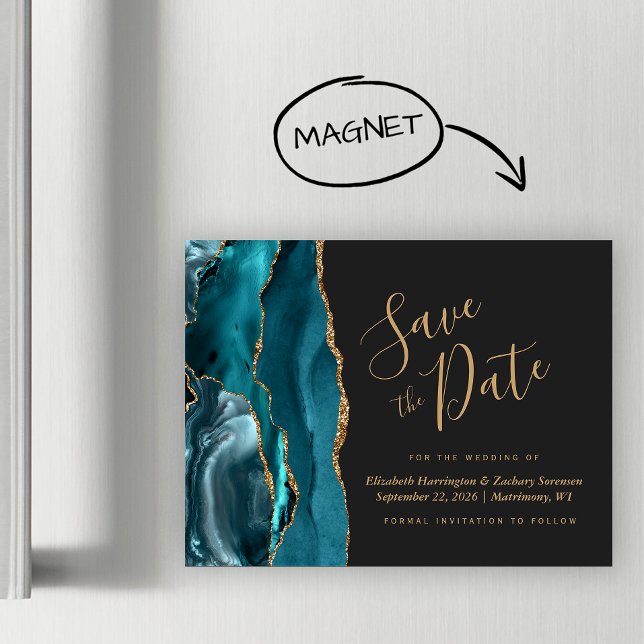 Teal Blue Guld Agate Mörk Magnetic Save the Date (Skapare uppladdad)