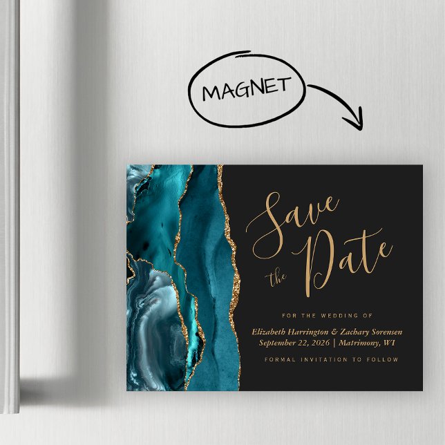 Teal Blue Guld Agate Mörk Magnetic Save the Date (Skapare uppladdad)