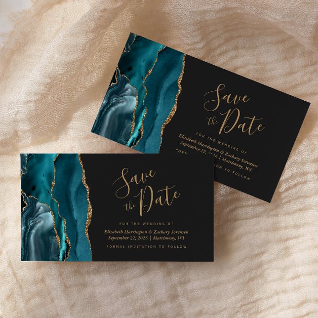 Teal Blue Guld Agate Mörk Magnetic Save the Date (Skapare uppladdad)