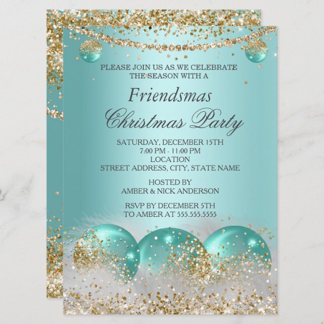 Teal blue Guld Baubles Friendsmas jul Party Inbjudningar (Fram/baksida)