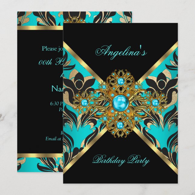 Teal Blue Guld Black Damask Blommigt Födelsedagsfe Inbjudningar (Fram/baksida)