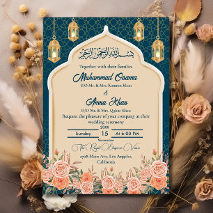 Teal Blue Guld Blommigt Islamisk muslimsk Bröllop Inbjudningar