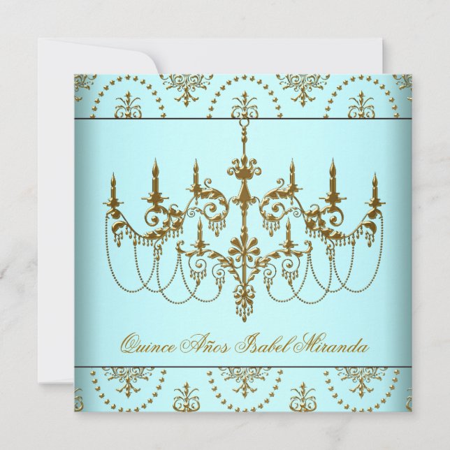 Teal Blue Guld Chandelier Quinceanera Inbjudningar (Framsida)