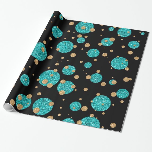 Teal Blue Guld Confetti Dot Presentpapper (Utrullad)