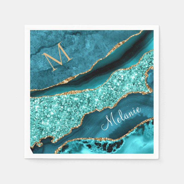 Teal Blue Guld Din Brev Namn Turquise Napkins Pappersservett (Framsidan)