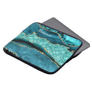 Teal Blue Guld Glitter Eget namn Laptop sleeve