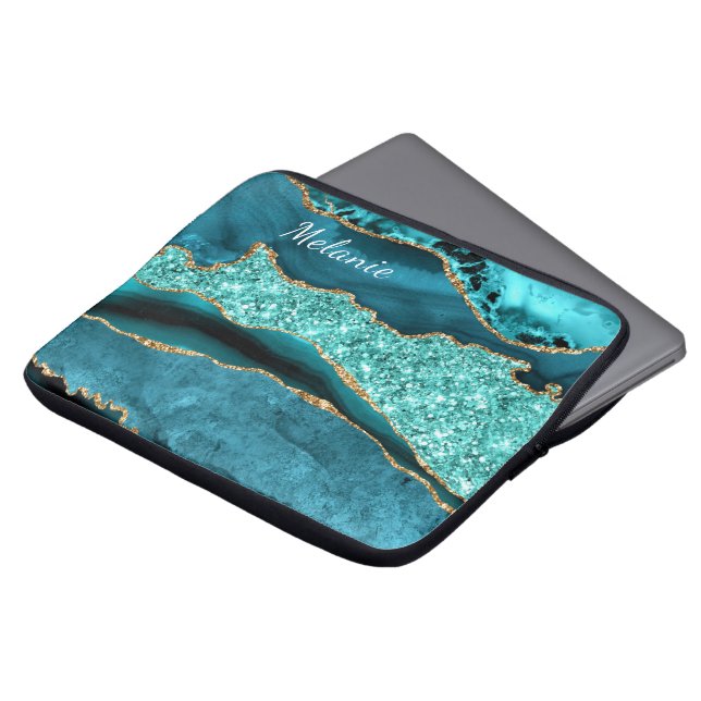 Teal Blue Guld Glitter Eget namn Laptop sleeve (Framsida topp)